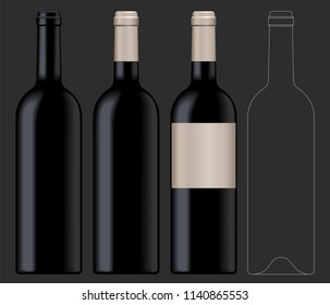 Realistic vector illustration of black wine bottle Isolated on dark background. Front view of the wine bottle with label, bottle without label and linear technical drawimg of the wine bottle.
