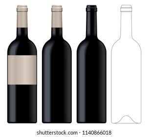 Realistic vector illustration of black wine bottle Isolated on white background. Front view of the wine bottle with label, bottle without label and linear technical drawimg of the wine bottle.
