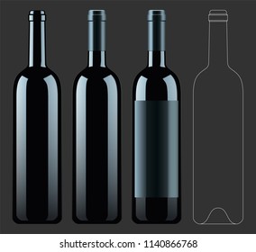 Realistic vector illustration of black wine bottle Isolated on dark background. Front view of the wine bottle with label, bottle without label and linear technical drawimg of the wine bottle.
