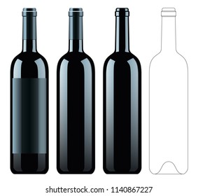 Realistic vector illustration of black wine bottle Isolated on white background. Front view of the wine bottle with label, bottle without label and linear technical drawimg of the wine bottle.
