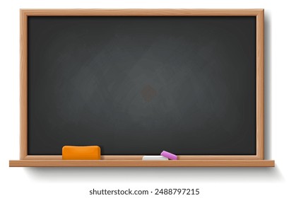 Realistic vector illustration of blank chalkboard on white background. Lively design enhances visual appeal of educational settings with chalk and sponge