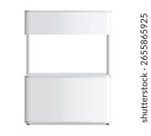 Realistic vector illustration of blank promotional stand with a counter and header panel, isolated on white background. Ideal for showcasing branding, logo placement, event design, advertising