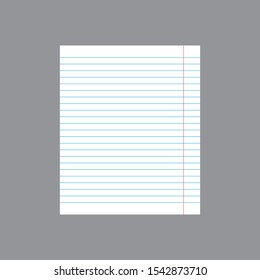 Realistic vector illustration of blank sheet of lined paper isolated on a gray background. Blue line and red line in the workbook. Vector illustration.