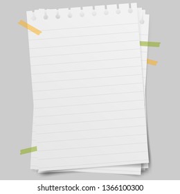 Realistic vector illustration of blank sheets of lined paper from a block isolated on a gray background with shadows. Notebook paper