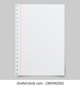 Realistic vector illustration of blank sheets of lined paper from a block isolated on a gray background with shadows. Notebook paper