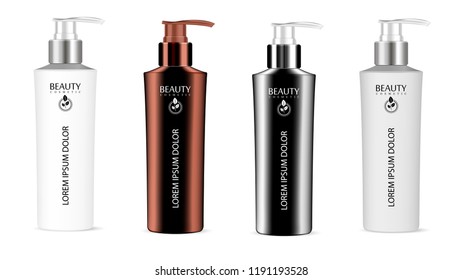 Realistic vector illustration blank template of plastic bottles with dispenser pump. Mock up of cosmetics package. Empty 3d colored plastic containers with pump for liquid soap, cream, shampoo.