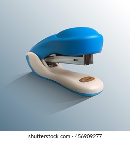 Realistic vector illustration of blue stapler. Office appliance.