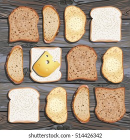 realistic vector illustration of bread and cheese on wooden table