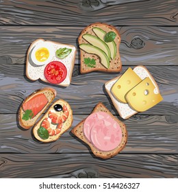 realistic vector illustration of bread and sandwich on wooden table