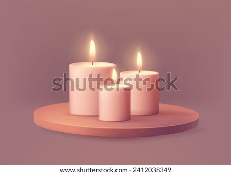 A realistic vector illustration of a bright scented candles with a glowing flame, on a wooden podium perfect for SPA or romantic occasions. The design adds warmth and festive illumination. Not AI.
