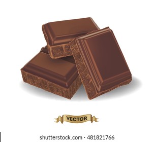 Realistic vector illustration of broken chocolate bar on white background