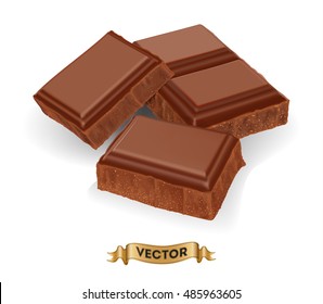 Realistic vector illustration of broken chocolate bar on white background