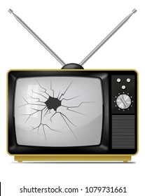 Realistic vector illustration of broken, damaged  retro portable TV, television set with telescopic antenna.