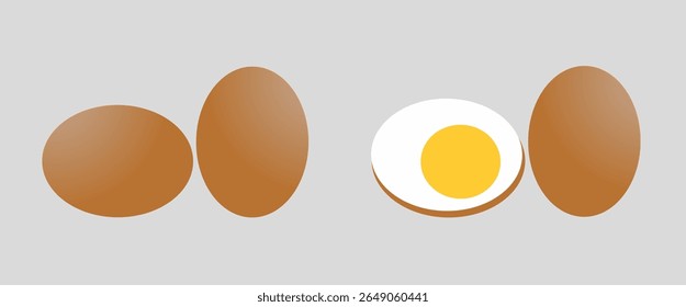 Ilustração vetorial realista de ovos de galinha marrons, incluindo ovos inteiros e fervido com gema. Conjunto De Ovos, Closeup, Isolado. Perfeito para temas de alimentação, culinária, saúde e educação.