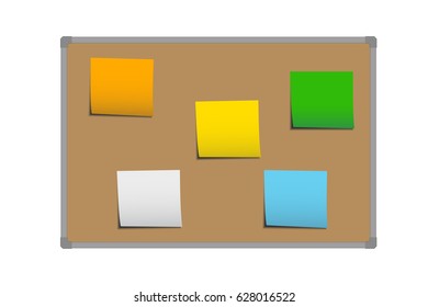 Realistic vector illustration of brown cork board with frame and stickers for memorization, notes and messages isolated on white background