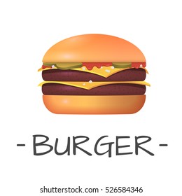 Realistic vector illustration of burger. Hamburger with meat, cucumbers, cheese  and bow.  Vector burger isolated.