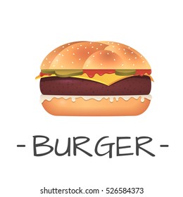 Realistic vector illustration of burger. Hamburger with meat, cucumbers, cheese  and bow.  Vector burger isolated.