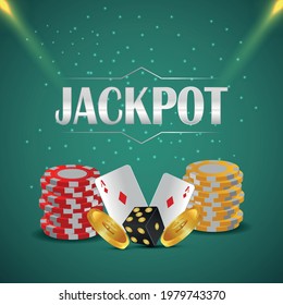 Realistic vector illustration of casino online gambling game with creative playing card, casino chips and gold coin
