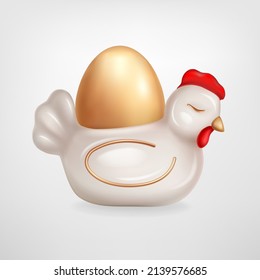 Realistic vector illustration of ceramic egg stand cute chicken figurine isolated on a white background. Painted Golden Easter egg. Design element for Easter greeting card