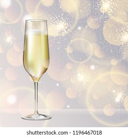 Realistic vector illustration of champagne glass on blurred holiday silver sparkle background