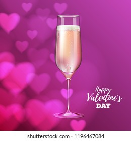 Realistic vector illustration of champagne glass on blurred holiday pink sparkle background