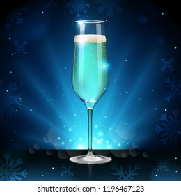 Realistic vector illustration of champagne glass on blurred holiday winter blue sparkle background