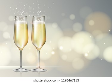 Realistic vector illustration of champagne glass on blurred holiday silver sparkle background