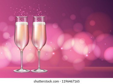 Realistic vector illustration of champagne glass on blurred holiday pink sparkle background