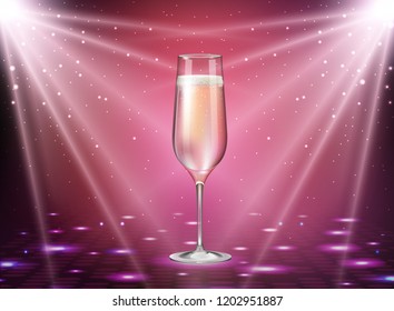 Realistic vector illustration of champagne glass on holiday pink disco background