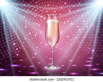 Realistic vector illustration of champagne glass on holiday pink disco background
