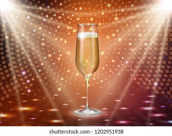 Realistic vector illustration of champagne glass on holiday golden disco background