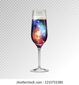 Realistic vector illustration of champagne glass  with space background inside