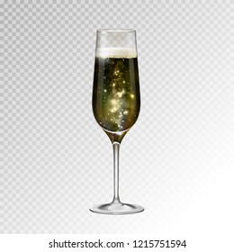 Realistic vector illustration of champagne glass  with space background inside