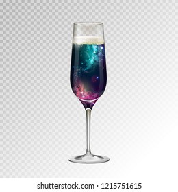 Realistic vector illustration of champagne glass  with space background inside