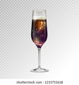 Realistic vector illustration of champagne glass  with space background inside