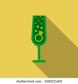 Realistic vector illustration of champagne glasses with sparkling white wine and empty glass. Love heart concept. Ring for engagement and Valentine's day.