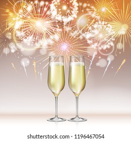 Realistic vector illustration of champagne glasses on holiday golden firework background