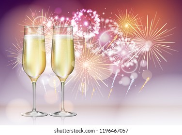 Realistic vector illustration of champagne glasses on holiday golden firework background