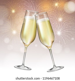 Realistic vector illustration of champagne glasses on blurred holiday golden firework background