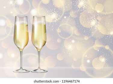 Realistic vector illustration of champagne glasses on blurred holiday silver sparkle background