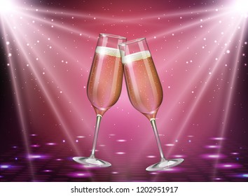 Realistic vector illustration of champagne glasses on holiday pink disco background
