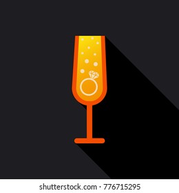 Realistic vector illustration of champagne glasses with sparkling white wine and empty glass. Love heart concept. Ring for engagement and Valentine's day.