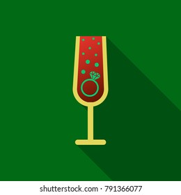 Realistic vector illustration of champagne glasses with sparkling white wine and empty glass. Love heart concept. Ring for engagement and Valentine's day.