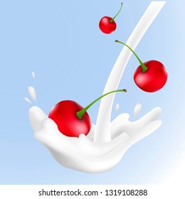 Realistic vector illustration cherry sweet milk splashes.