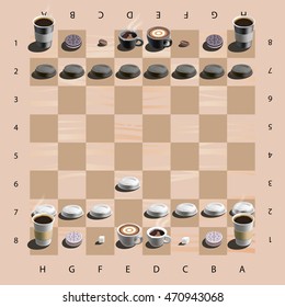 realistic vector  illustration of chess with coffee stuff