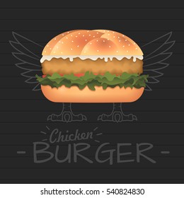 Realistic vector illustration of chicken burger. Hamburger with chicken, meat, cucumbers, cheese and bow. Vector burger isolated.