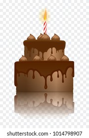 Realistic vector illustration of chocolate birthday cake with burning candle.