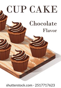 Realistic Vector Illustration of Chocolate Cupcakes with Swirl Icing on a Wooden Tray – Perfect for Bakery Menu Designs, Social Media Posts, Food-Themed Graphic Designs, and Dessert Branding Projects.