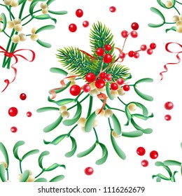 Realistic vector illustration of Christmas decorations.  Christmas seamless pattern.  Mistletoe, fir, Holly, red berries.