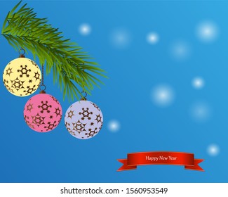 Realistic vector illustration of christmas greeting card with red bright christmas balls are hanging on a branch of christmas tree with hand lettering.